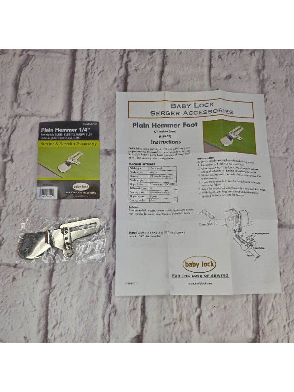 Baby Lock Plain Hemmer Foot 1/4in Serger & Sashiko Accessory BLE8-S7